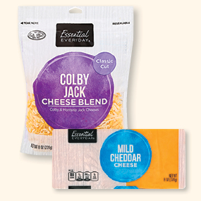 Essential Everyday Shredded or Chunk Cheese. 6-8 ox package, selected varieties, 2 for $5.