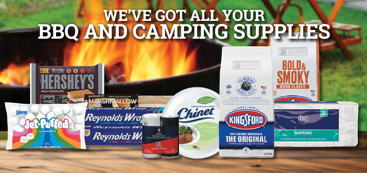 bbq collage- S&P shakers, napkins, Chinet, Reynolds wrap, marshmallow sticks, briquettes