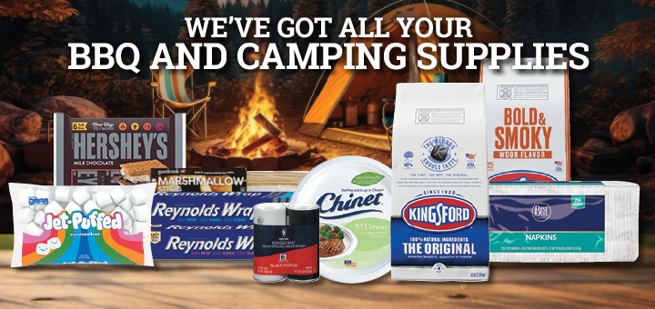 bbq collage- S&P shakers, napkins, Chinet, Reynolds wrap, marshmallow sticks, briquettes