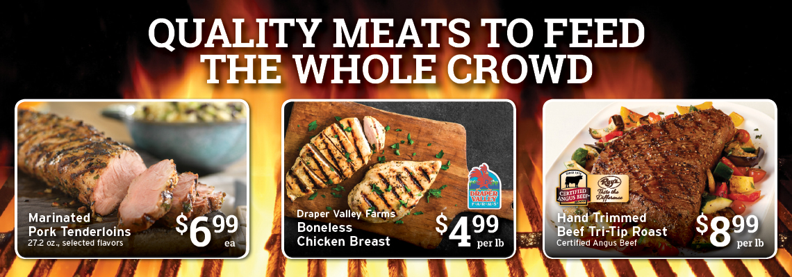 : Marinated Pork tenderloins, Beef Tri-tips, Draper Valley Boneless Chicken Breast, prices