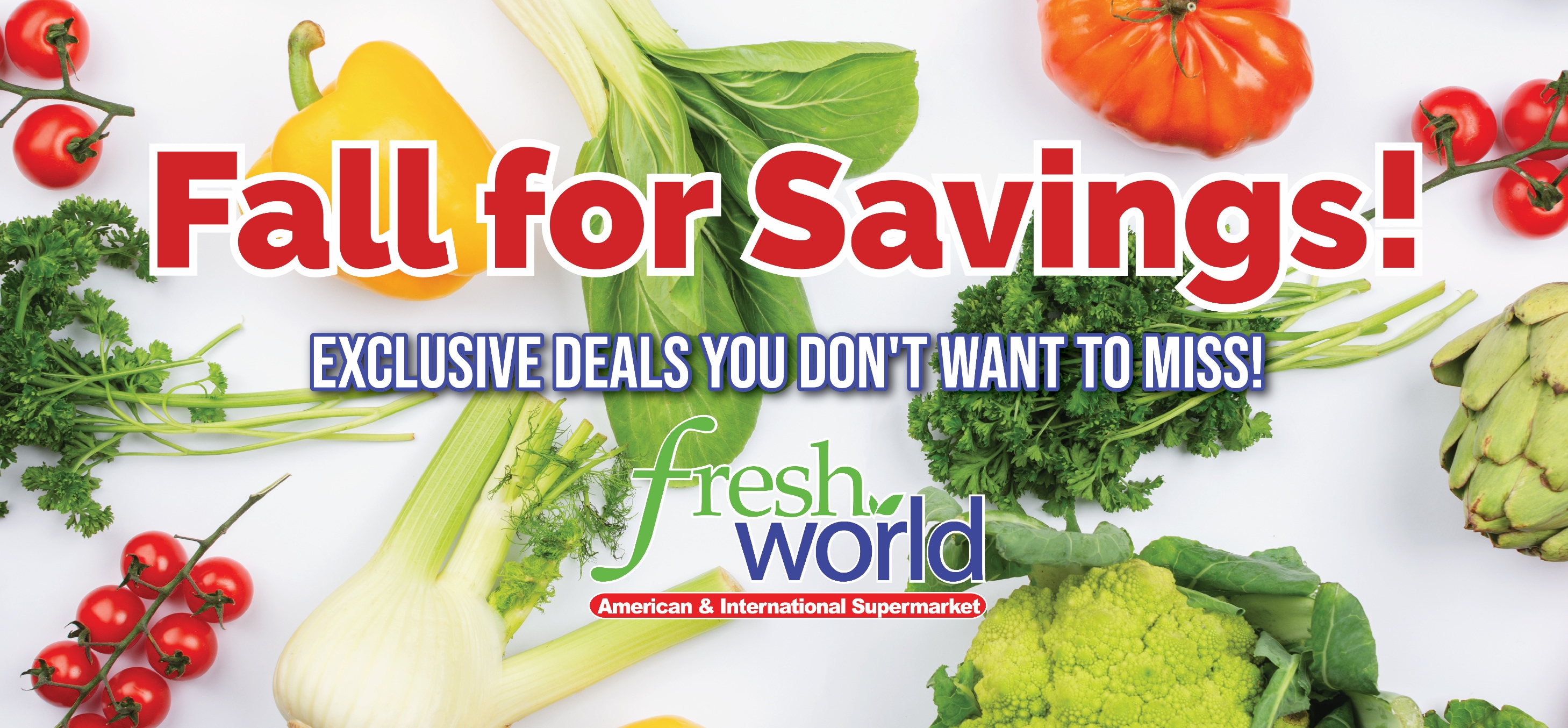 Fall savings promotion, produce background, links to weekly ad