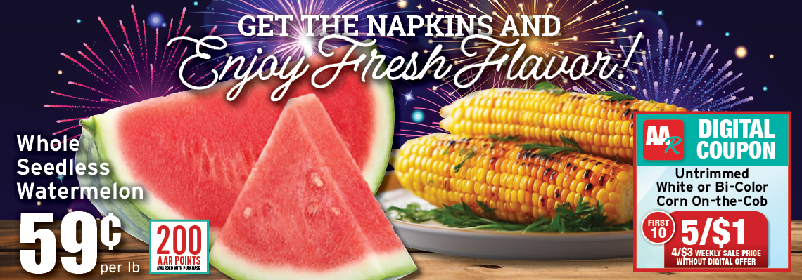 watermelon slices, corn on the cob- and points