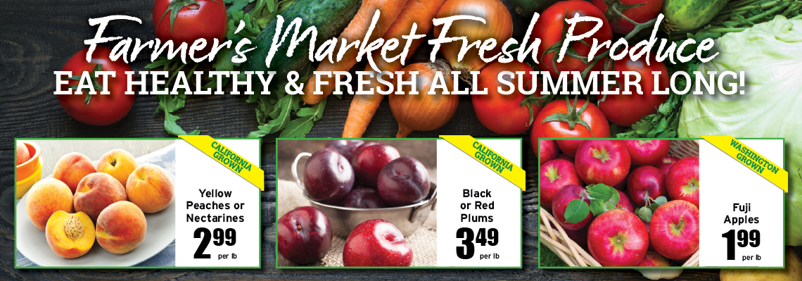 Farmers Market peaches, nectarines, black or red plums, apples with prices