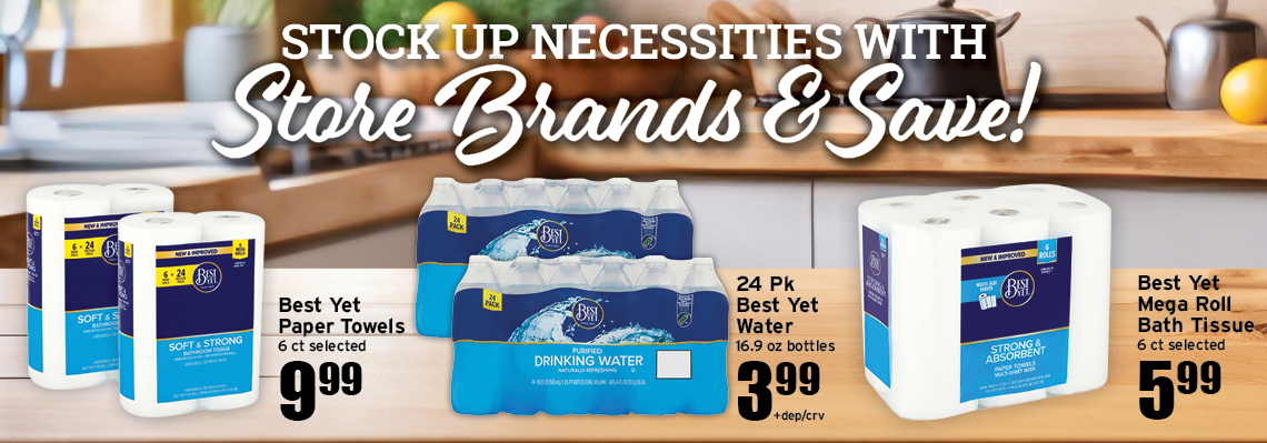 Best Yet water, bath tissue, paper towels