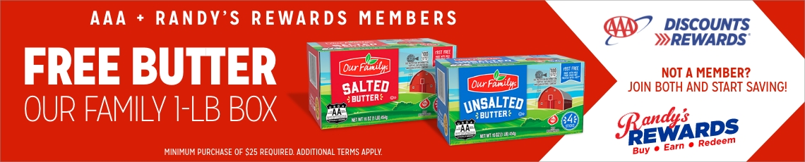 External Link to learn about Randy's Rewards and AAA Partnership to clip special offer on butter quarters